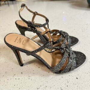 INC International Concepts Gray Silver Rhinestone Strappy High Heel Sandals 9M